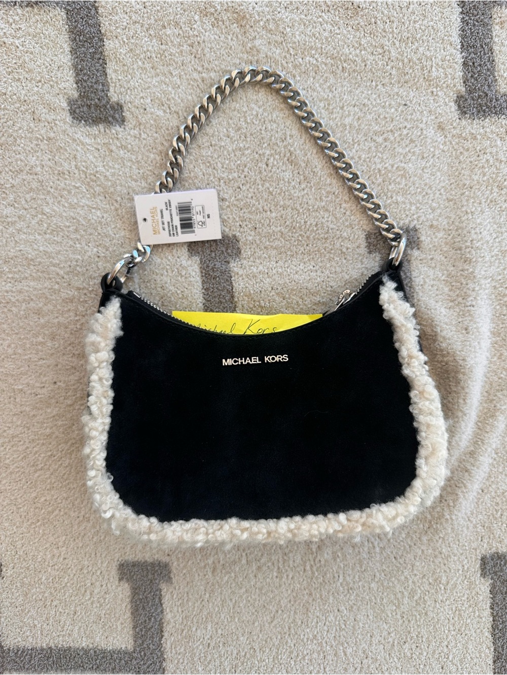Michael Kors Black Suede Shoulder Bag with Cream Shearling Trim